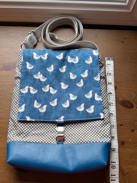 Handmade Handbags - Blue Seagull Print Crossbody Bag with Blue Faux Leather bottom